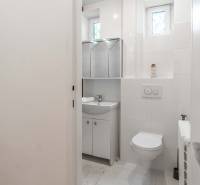 Bathroom with a toilet, sink, and mirror in a 2-room apartment.