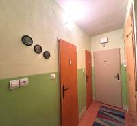 A hallway in a 3-room apartment with colored walls and hanging decorative elements.