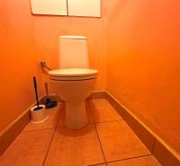 An orange toilet in a 3-room apartment with a toilet brush in the corner of the room.