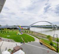 View from the building Bratislava - Staré Mesto to the bridge over the river and colorful sculptures.