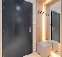 Entrance hall with dark doors, mirror, and lighting elements in a 3-room apartment.