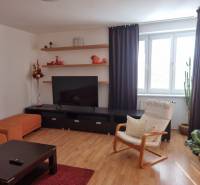 Living room in a 4-room apartment with an orange sofa, a large television, and houseplants.