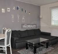 Living room with a dark sofa and a dining table in a 3-room apartment, decorative paintings on the wall.