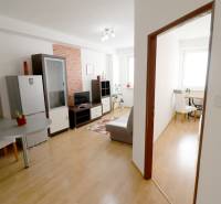 Living room in a two-room apartment with a sofa, television, and dining table.