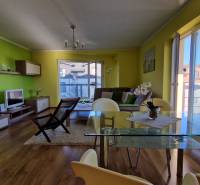 Living room of a holiday apartment with wooden flooring, green walls, and a glass table.