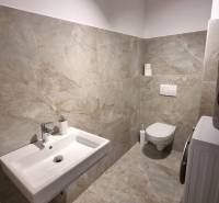 A bathroom in a 3-room apartment with a sink, toilet, and washing machine, tiled.