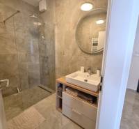 A bathroom in a 3-room apartment with a shower corner and a washbasin cabinet.