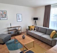 Living room with a comfortable gray sofa and colorful cushions in a 3-bedroom apartment.