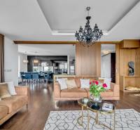 Elegant living room with a sofa, fireplace, and light fixture in a 4-room apartment.