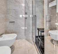 A bathroom in a 4-room apartment with a shower, bidet, and glossy tiles.