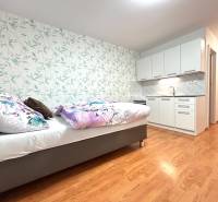 Studio apartment with a bed, kitchenette, and floral wallpaper on the wall.