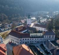 Aerial view of the historical architecture of the town of Gelnica at Banícke Square.