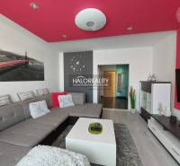 A living room in a three-room apartment with a gray sofa, a red ceiling, and modern furniture.