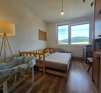 Children's room in a 4-room apartment with a bed, cradle, and a large window with a view.