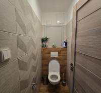 A toilet in a 4-room apartment with wooden paneling and white tiles.