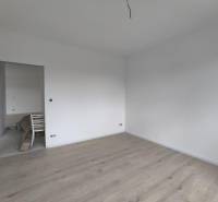 Empty room with white walls and light wooden flooring in a family house.