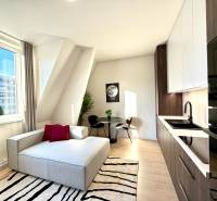 Studio apartment with a bright living area, kitchenette, and dining table.