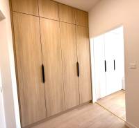 A studio apartment with wooden built-in wardrobes and white walls feels cozy.