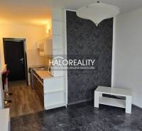 Studio apartment with a kitchenette, white furniture, and decorative wallpaper on the wall.