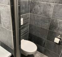 Bathroom in a 4-room apartment with dark gray tiles and a toilet.