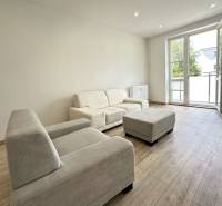 Bright living room in a 2-room apartment with a sofa and a large window.