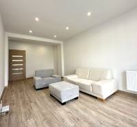 Living room in a 2-room apartment with a sofa, an armchair, and wooden flooring.
