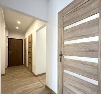 A hallway in a 2-room apartment with wooden doors and laminate flooring.