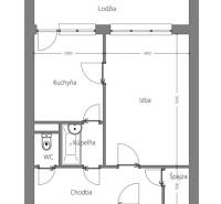 Floor plan of a 1-room apartment with a loggia, kitchen, pantry, and bathroom.