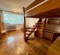 Room in a one-bedroom apartment with a bunk bed, wooden floors, and furniture.