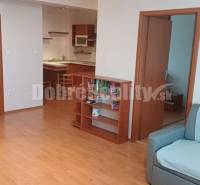 Living room with wooden flooring, sofa, bookshelf, and open kitchen in a 2-room apartment.