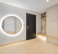 A hallway in a 2-room apartment with a lighted mirror, wooden floor, and storage space.
