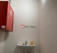 A small sink with yellow soap next to a red cabinet in commercial premises.