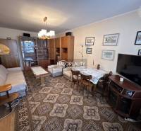 Living room of a three-room apartment with carpets and classic furniture.