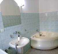 A bathroom in a family house with a branded hydromassage bathtub and a ceramic washbasin.