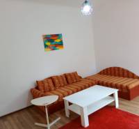 Orange sofa set in a family house with a wooden decor floor and a colorful painting.