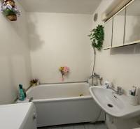 Bathroom in a 3-room apartment with a shower bath and a washing machine.