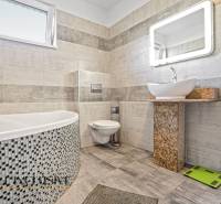 A bathroom in a family house with stylish ceramic tiles, a bathtub, and a designer sink.