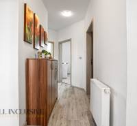 Hallway in a family house with a wooden chest of drawers and a colorful painting on the wall.
