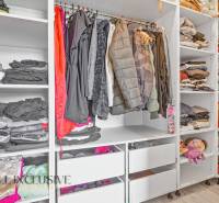A wardrobe in a family house with clothes, toys, and stored items on shelves and in cabinets.
