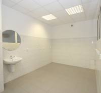 Interior with a sink, mirror, and backlit ceiling in commercial premises.