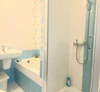 A bathroom with a shower and a bathtub in a 4-room apartment.