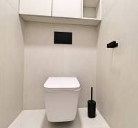 A toilet with white walls and storage cabinets in a three-room apartment.
