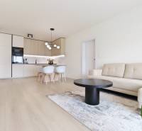 Living room with a bright kitchen, dining table, and sofa in a 3-room apartment.