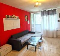 Living room in a 3-room apartment with a red wall, black sofa, and table.