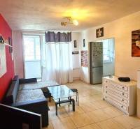 Living room in a 3-room apartment with a red wall, sofa, and decorative furniture.