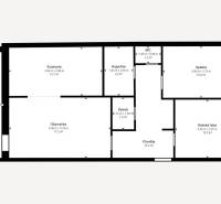 Floor plan for a 3-room apartment with a kitchen, living room, loggia, and two bedrooms.