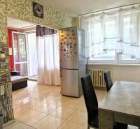 Dining room with a table, chairs, refrigerator, and a view in a 3-room apartment.