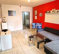 Living room with a sofa bed and a television, adjacent to the kitchen in a 3-room apartment.