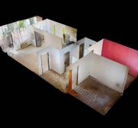 3D view of the layout of rooms in a 3-room apartment, including the hallway and kitchen.