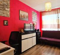 A room in a 3-room apartment with red walls, a sofa, and a television.